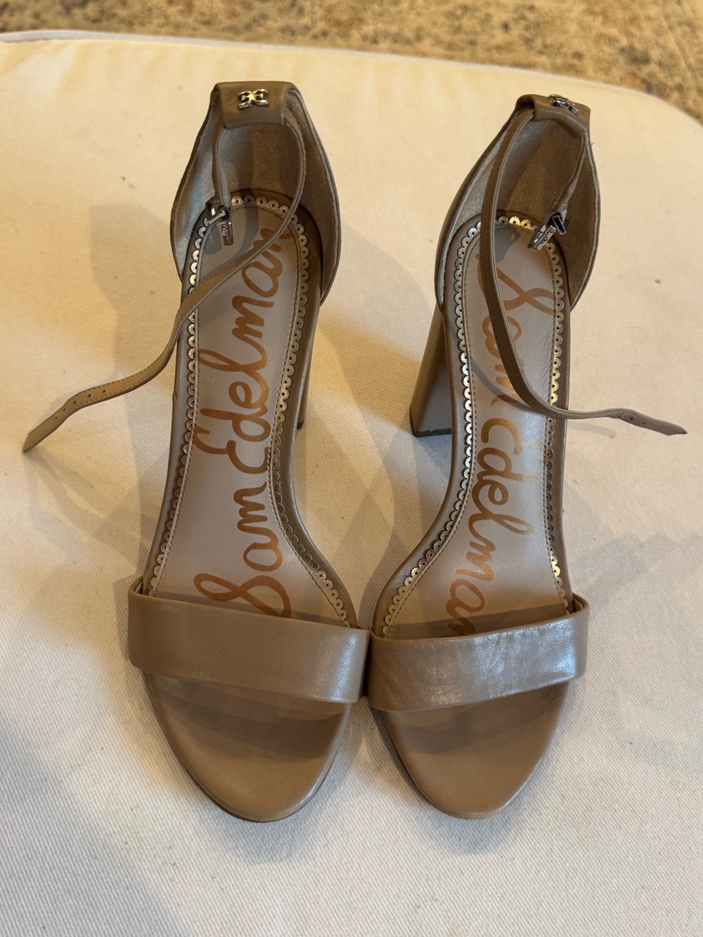 Sam Edelman Yaro Taupe Open-Toe Ankle-Strap Block Heels 8.5
